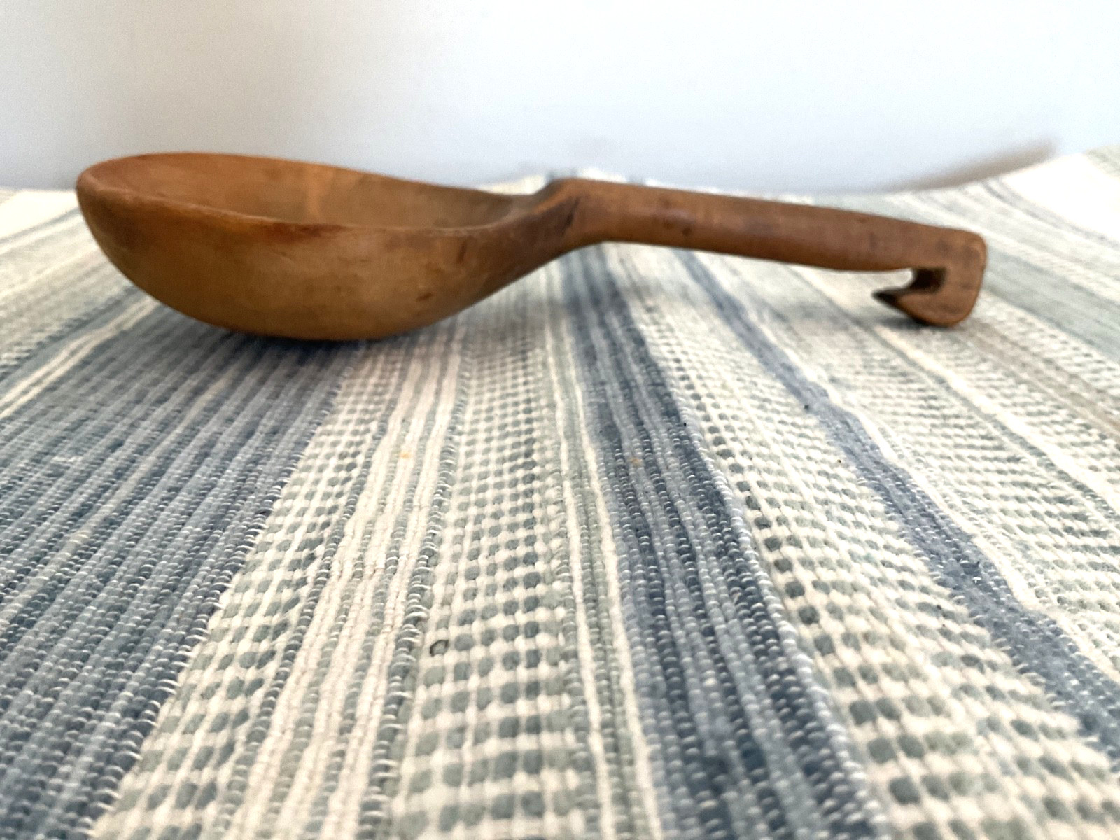 Primitive Swedish Scoop Spoon with Hook Handle, 7 1/4” L, One Piece, Hand-carved