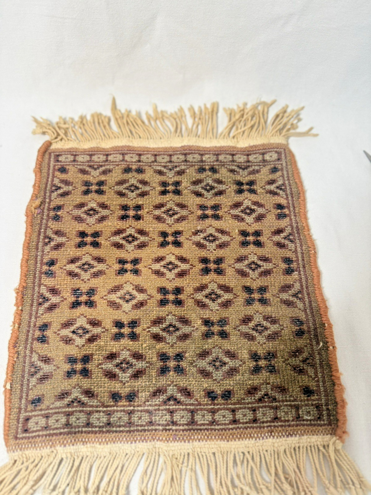 Vintage Hand Knotted Miniature Middle East Wool Rug Tan Burgundy 11.25 x 16 “