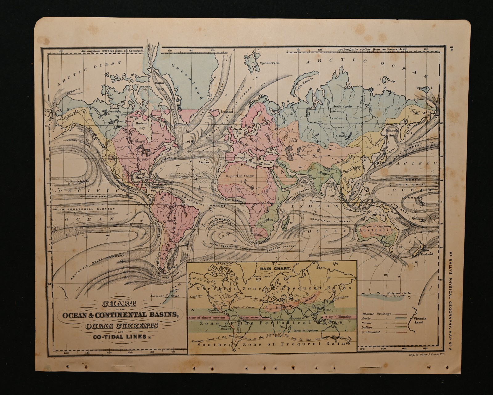 1866 Antique Map World Chart Ocean & Continental Basins Currents Co-Tidal Lines