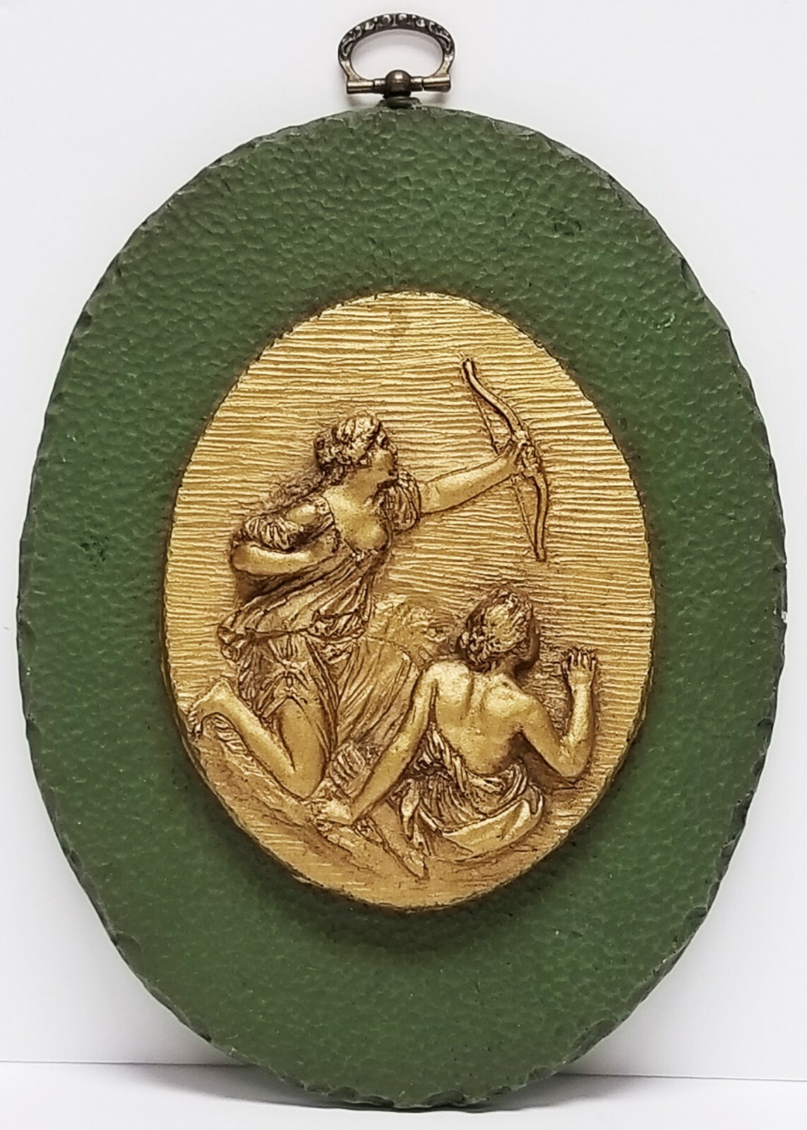 Vintage Green Textured Stone Figural Gilt Plaque Oval Shaped Wall Hanging 8″ x 6