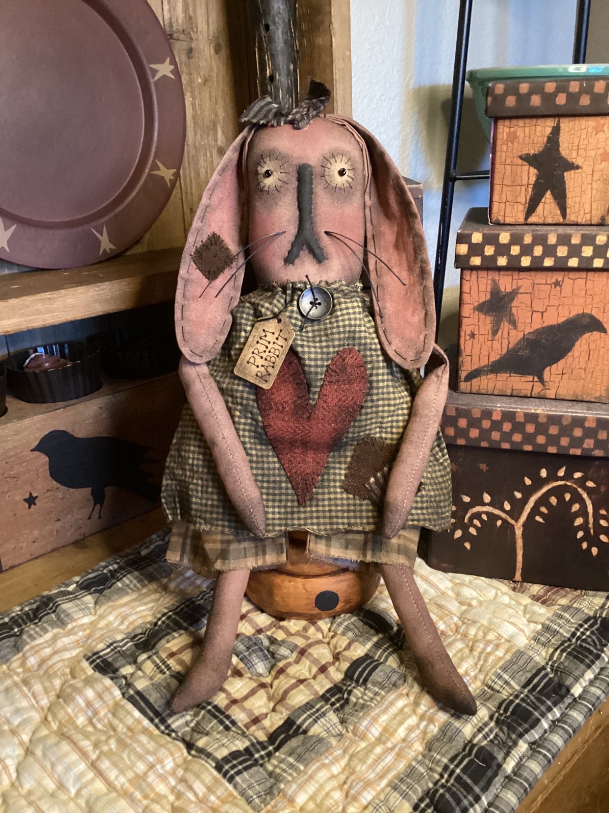 Primitive RABBIT DOLL BUNNY Handmade OOAK Signed Dated THREADBARE PRIMITIVES