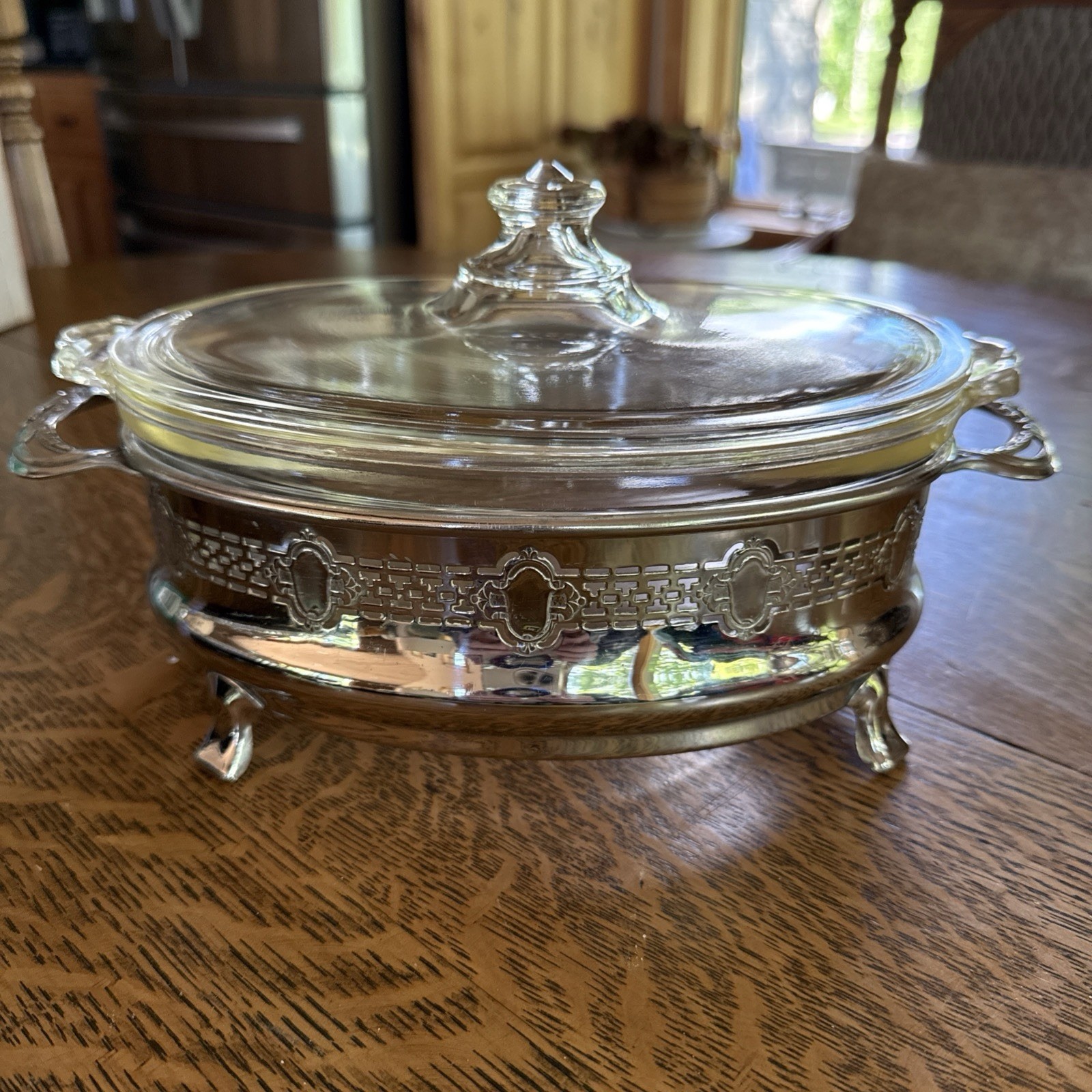 Antique 1915 Pyrex Reverse Dollar Sign Logo Oval Casserole Glass Lid Metal Stand