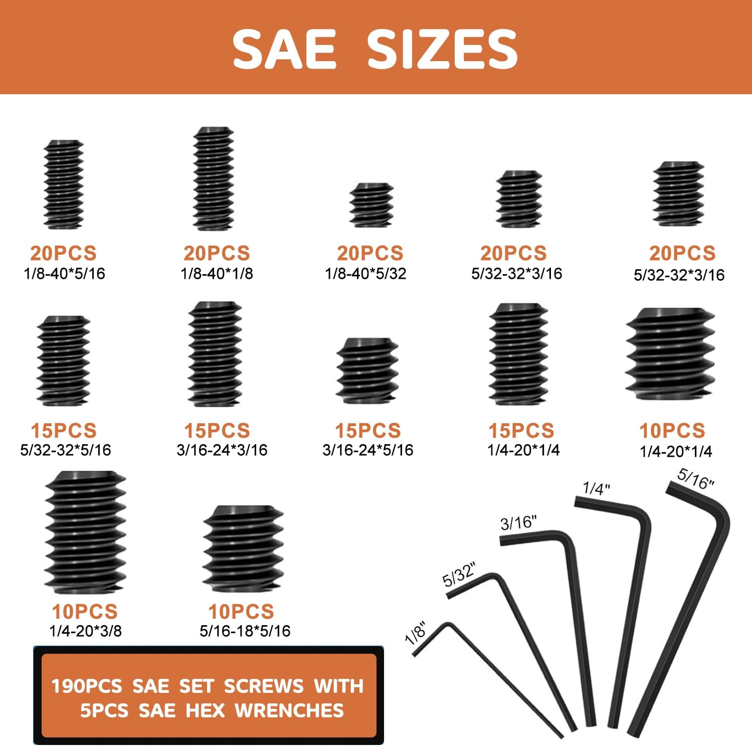430Pcs Set Screws Assortment Kit 25 Sizes Metric & SAE Screw 12.9 Black