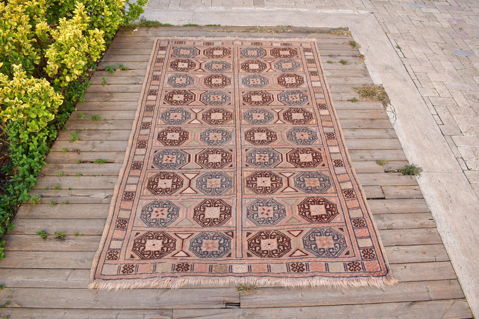 Turkish Oriental Kilim Handwoven 4×6 Cicim Natural Wool Brown Area Rug 130x205cm