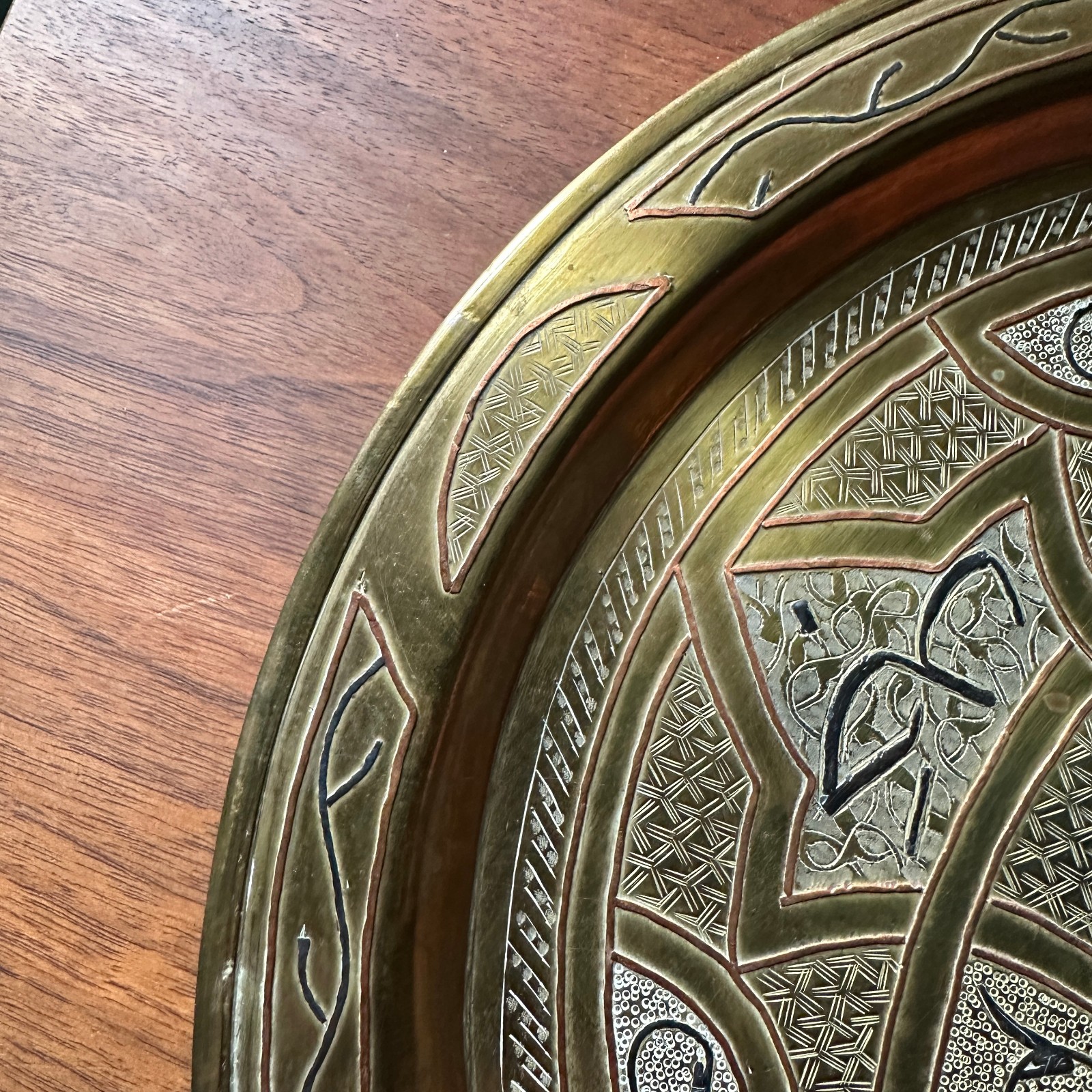 Persian Brass Tray Silver Copper Inlay Hand Engraved Geometric 11.25” Plate