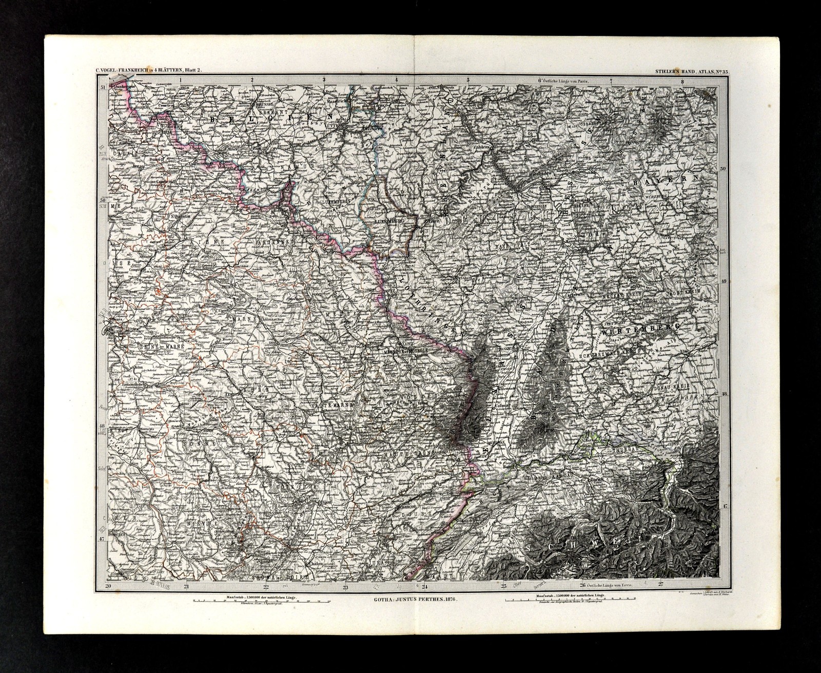 1876 Vogel Map France Germany Switzerland Kolmar Zurich Basel Dijon Paris Alps