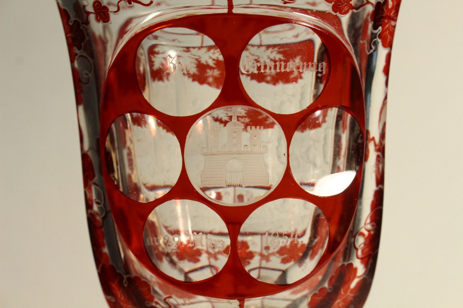 = Dated 1854 Bohemian Ruby Red Cut to Clear Crystal Glass Chalice Goblet w Views
