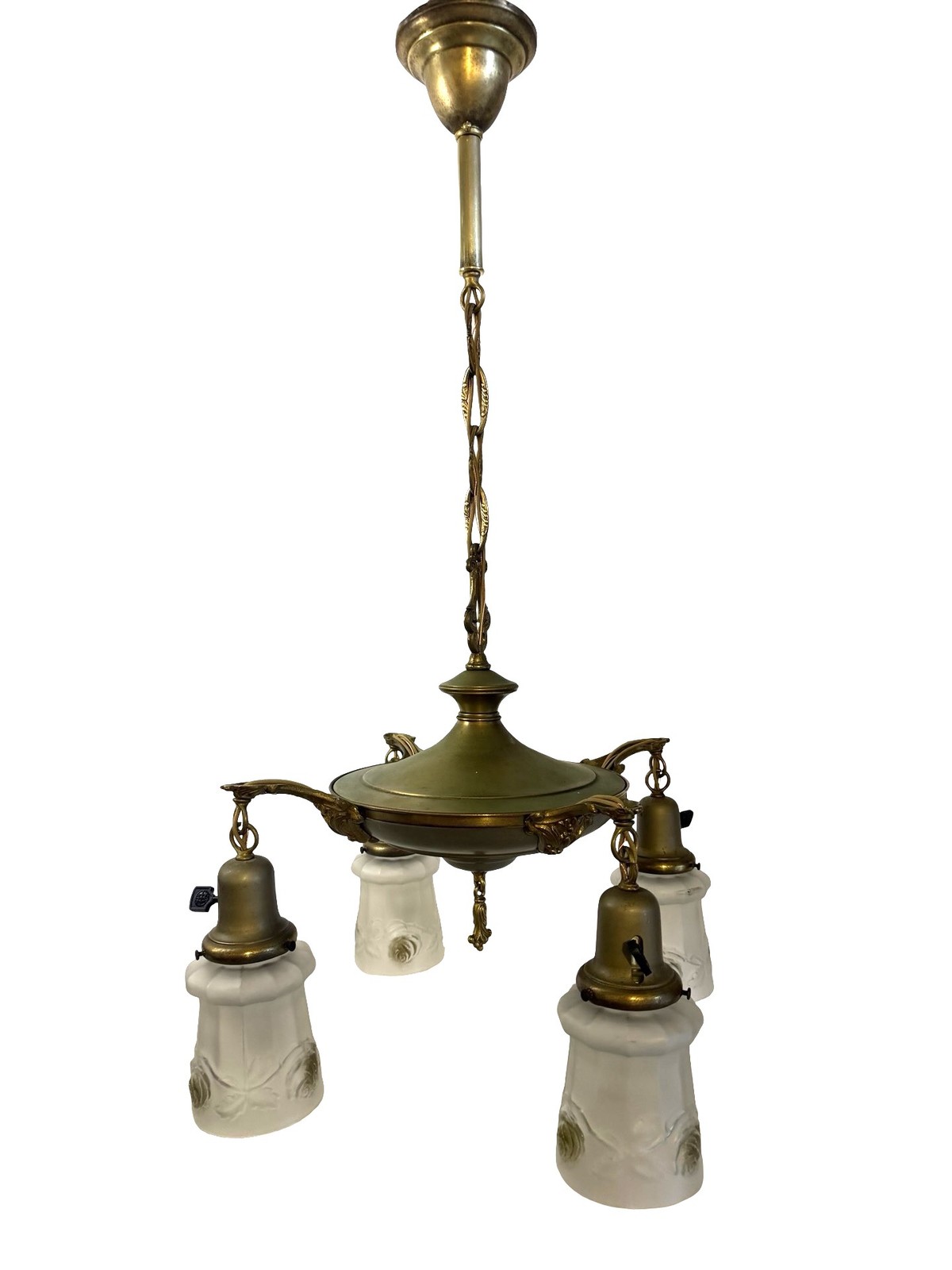 VL1355 Antique c1920 Brass Pan 4-Light Chandelier Embossed Rose Shades Restored