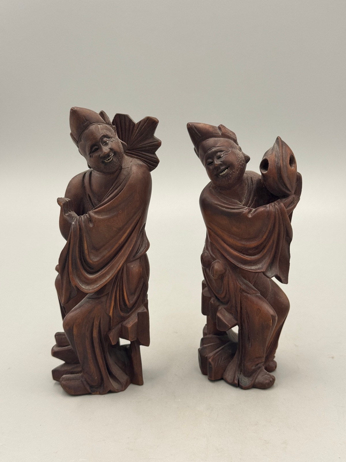 Pair Vintage Mid 20th Century Chinese Boxwood Carved Jigong Monk Wood Statues