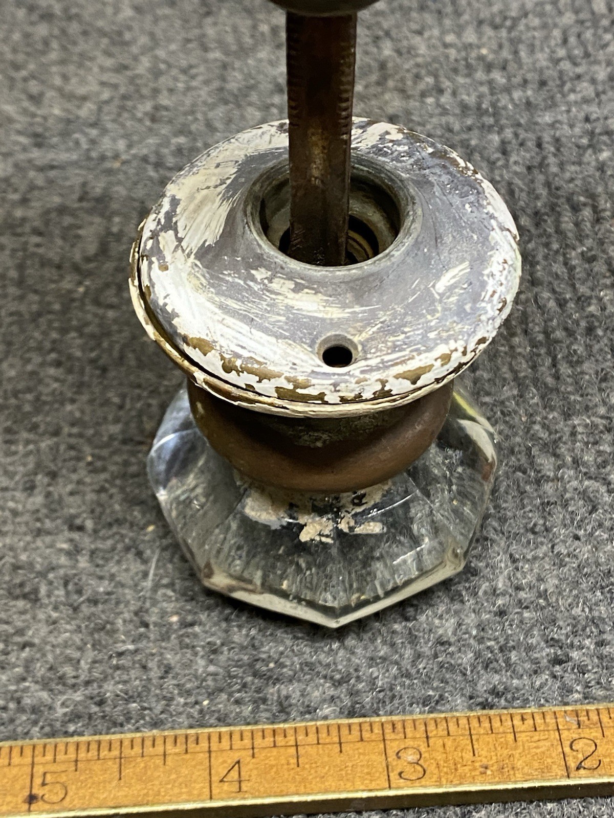Antique 8 Point Glass Door Knobs on Steel Spindle with Brass Collars & Rosettes