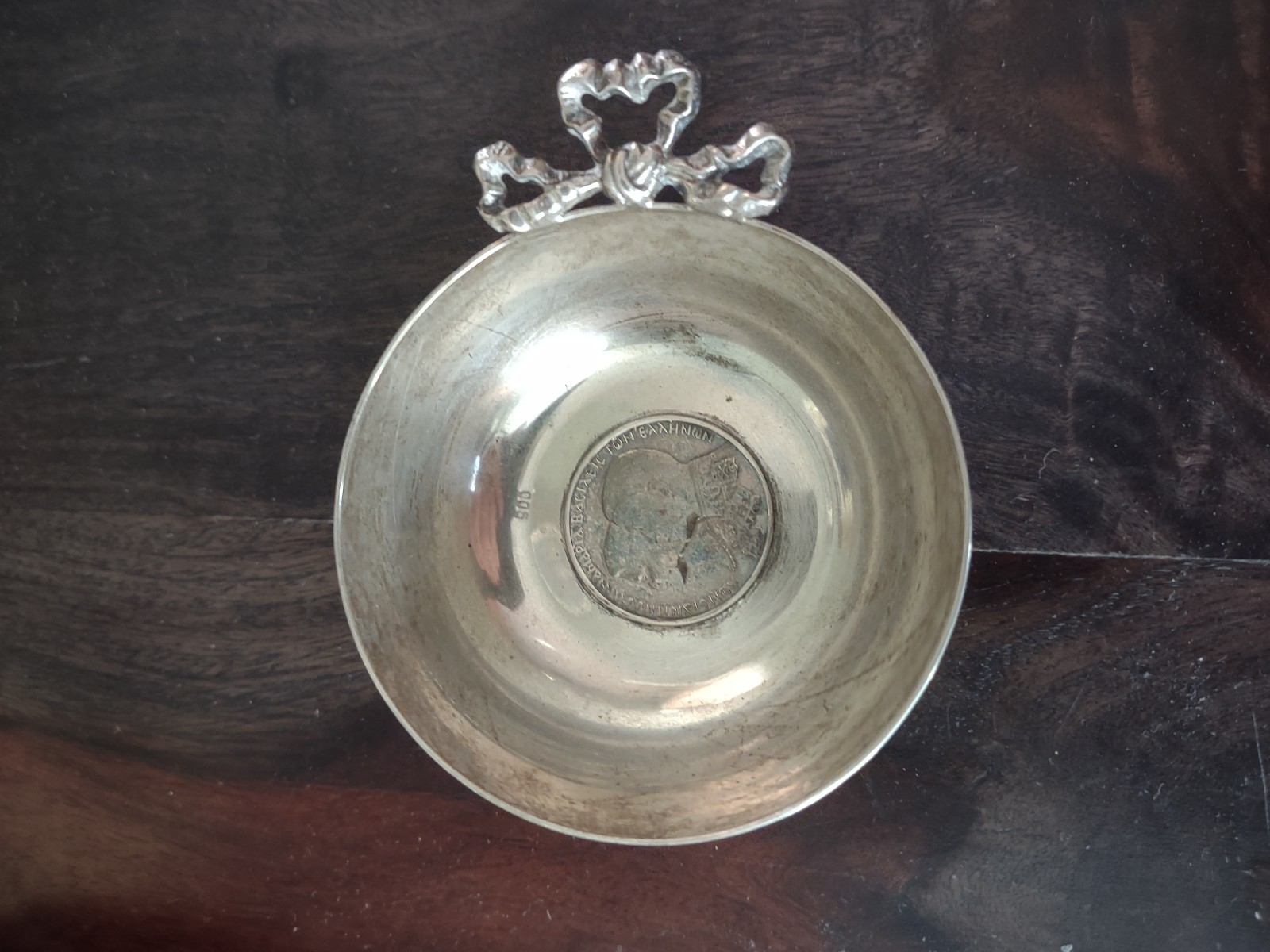 Vintage 900 Mark Silver Wine Taster Cup with 1964 30 Drachmai Greek Royal Coin