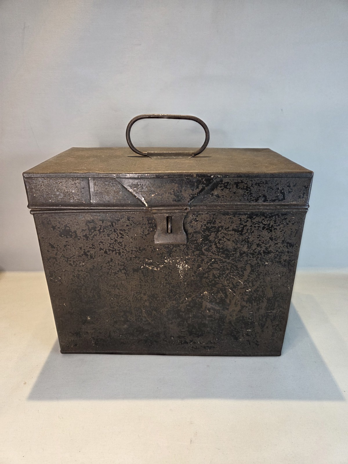 Antique Tinned Steel Lock Box w/ Handle – Primitive Industrial Storage Chest 11”
