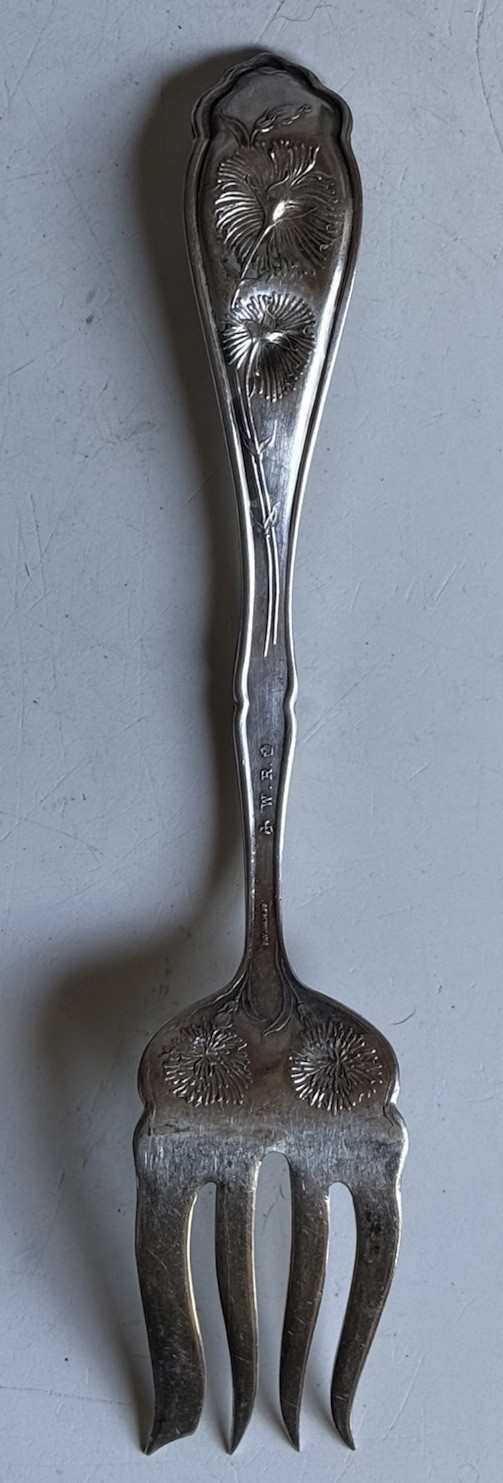 Antique 1908 WR Keystone Carnation Pattern cold Meat Fork 8 1/8 Inches Long