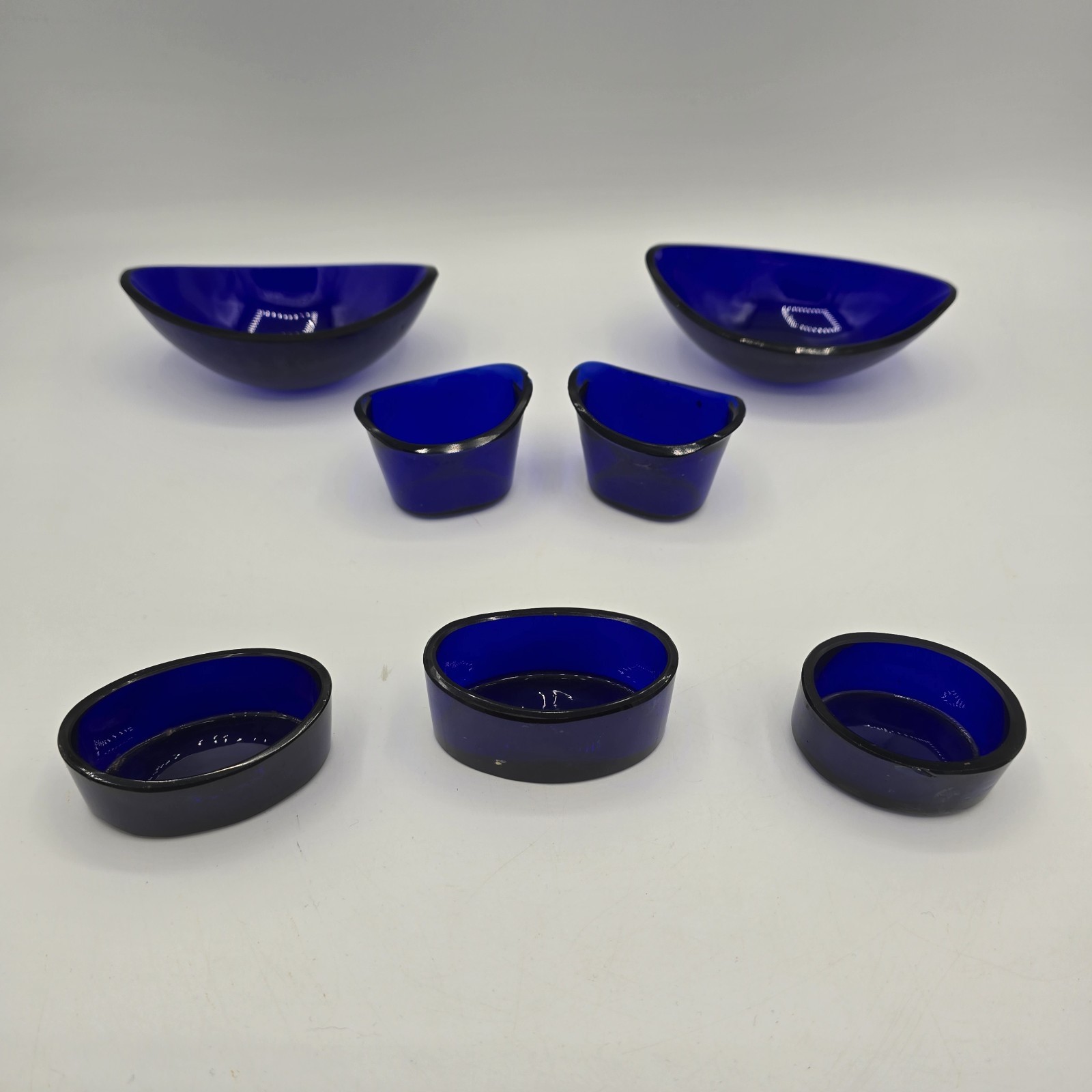 Vintage Cobalt Blue Glass Serving Set Bowls Dishes 7pc Condiment Mid Century VGC