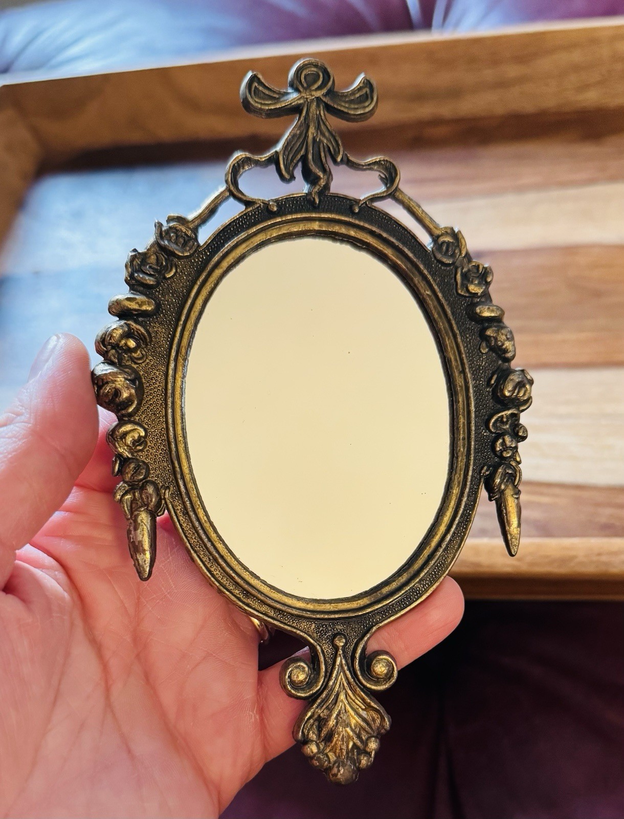 Vintage Ornate Mirror Oval Shaped Made In Italy Small Italian Floral Deco 6″