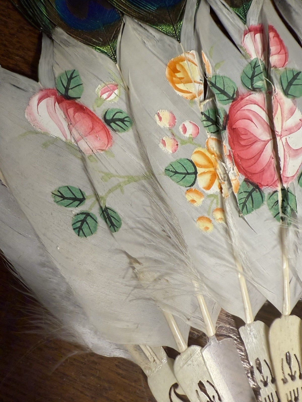 Antique Chinese Painted Peacock Feather Fan With Carved Sticks