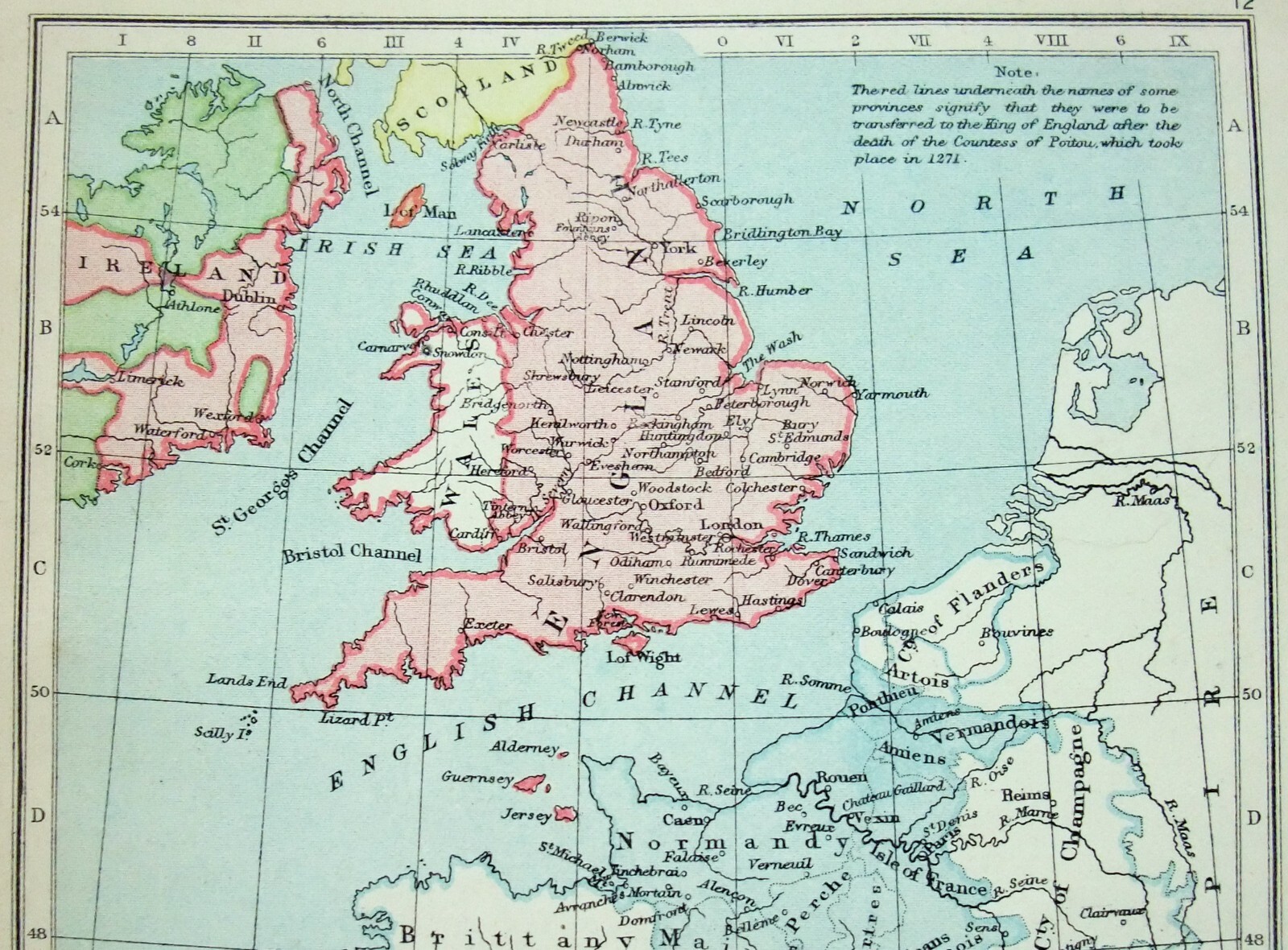 Vintage Longmans Map of England & France in the Year 1259