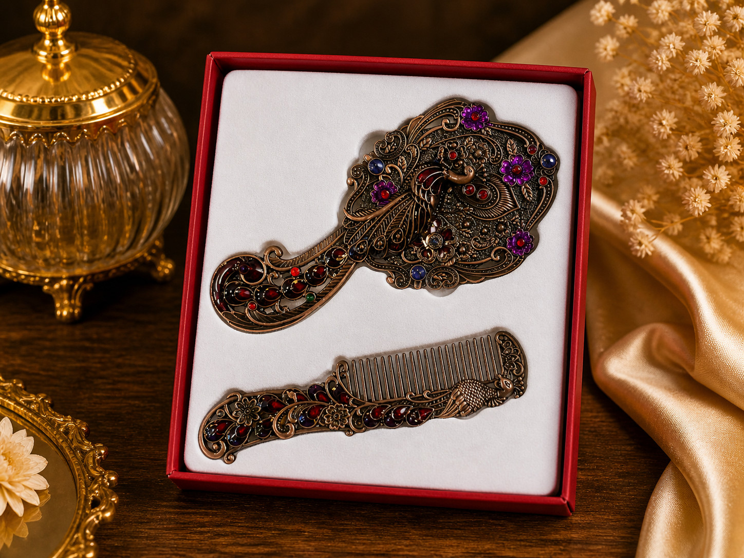 Vintage Style Hand Mirror & Comb Set Antique Peacock Vanity Gift for Women