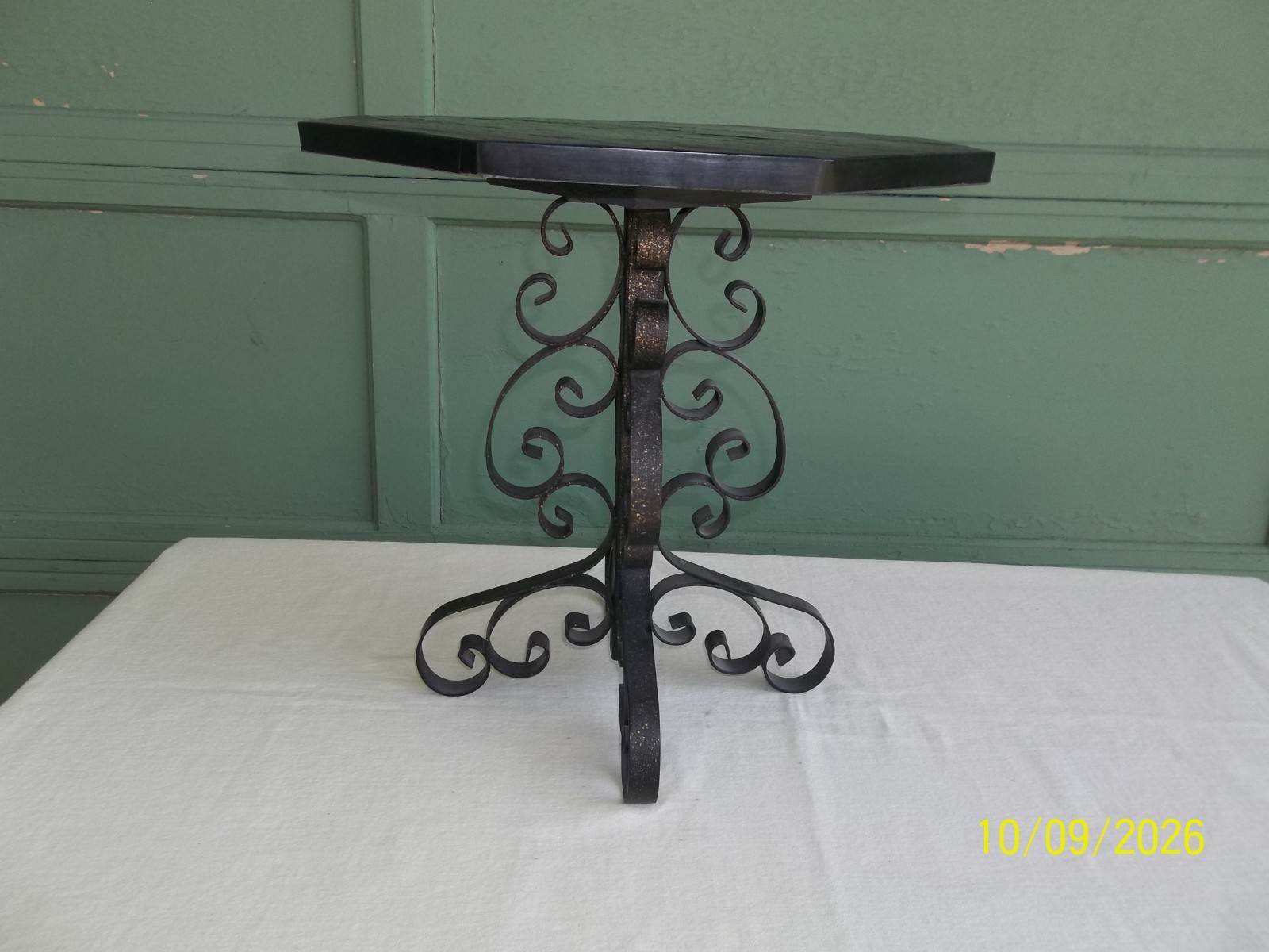 Vintage Octagon Slate Top Side Table w/ Gothic Scroll Wrought Iron Legs 15 1/2″