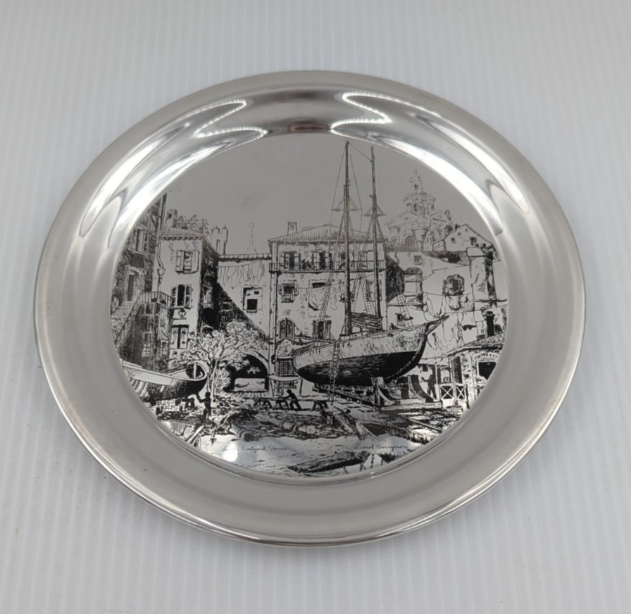 Gorham Sterling Silver Plate Little Boatyard Venice by Lionel Barrymore LE 8″