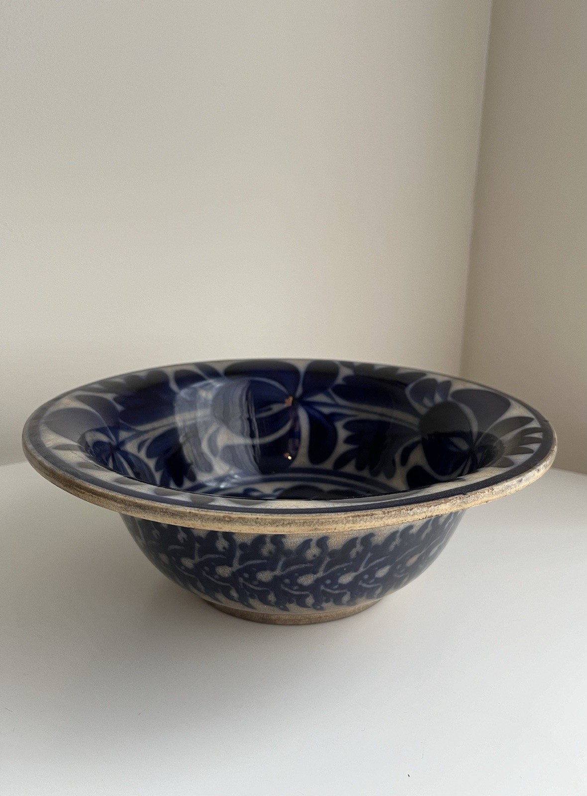 Large Antique 19th C Flow Blue Hand Painted Spinach Leaf Motif Mixing Fruit Bowl