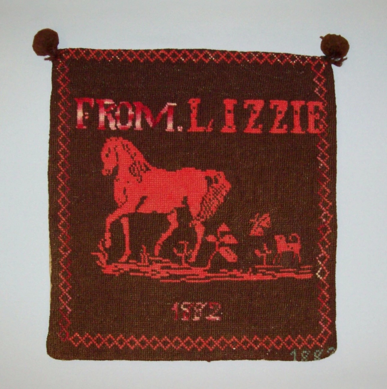 Antique Vtg 19th C 1882 Folk Art Needlepoint FROM LIZZIE 1882 Horse Dog Graphic