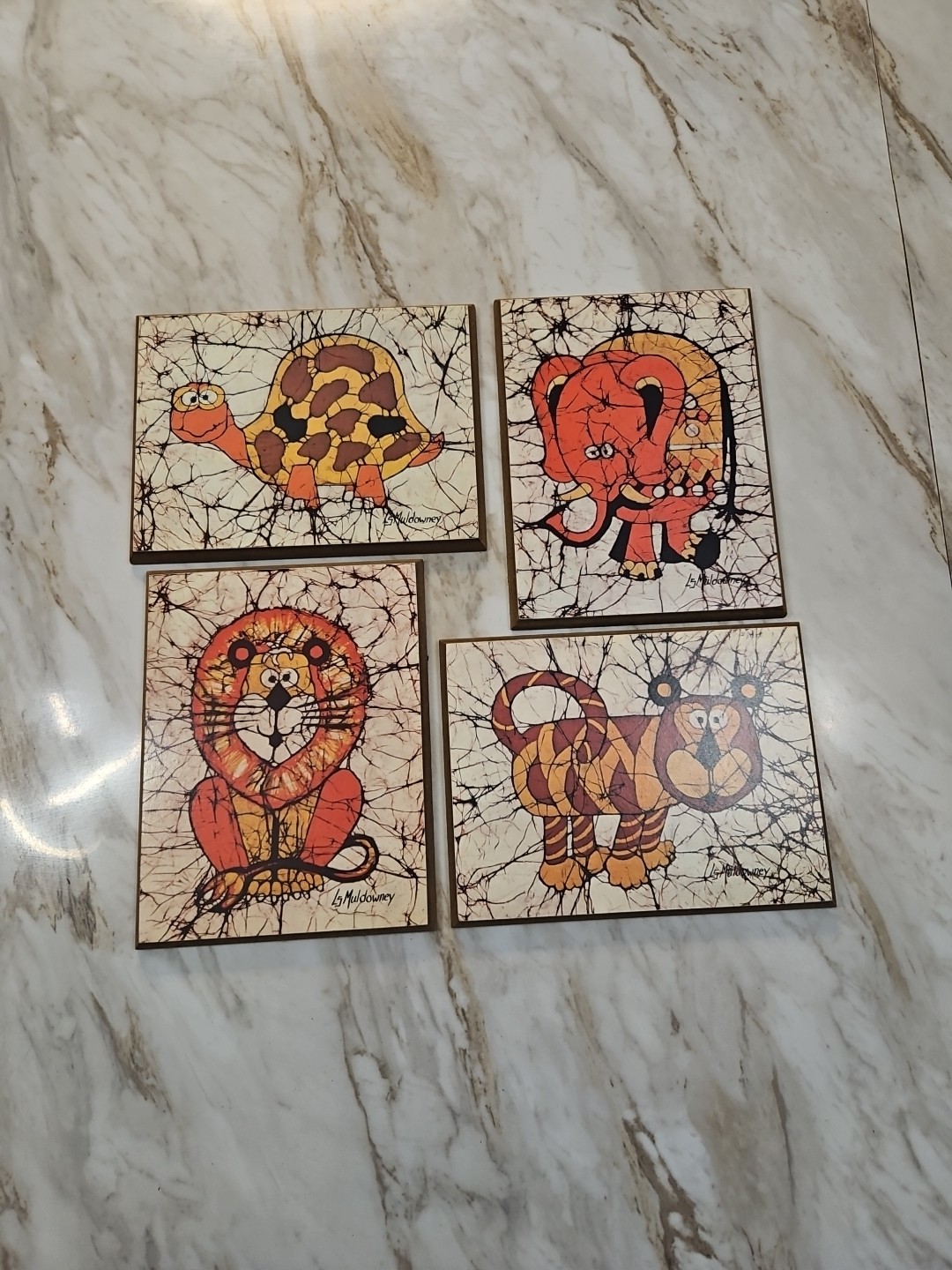 Set Of 4 Vintage LS Muldowney Wall Plaques Lion Elephant Tiger Turtle