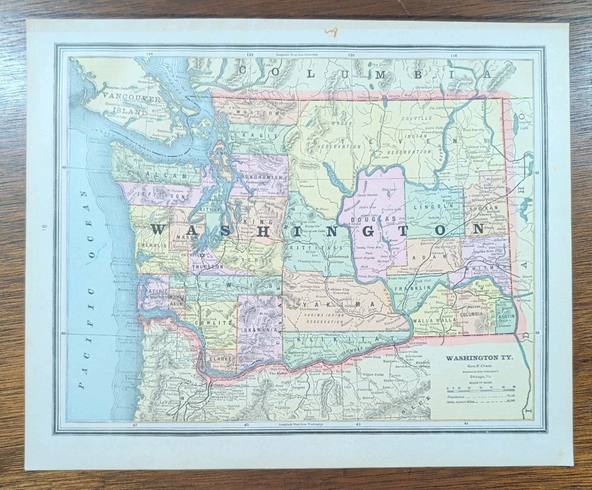 Vintage 1886 WASHINGTON TERRITORY Map 13″x11″ Old Antique Original OLYMPIA WA