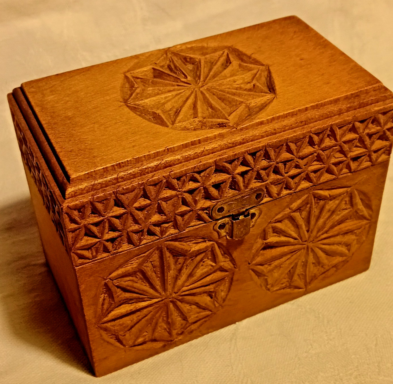 Vintage Nicely Carved Card Case Box Light Wood Star Geometric Patterns