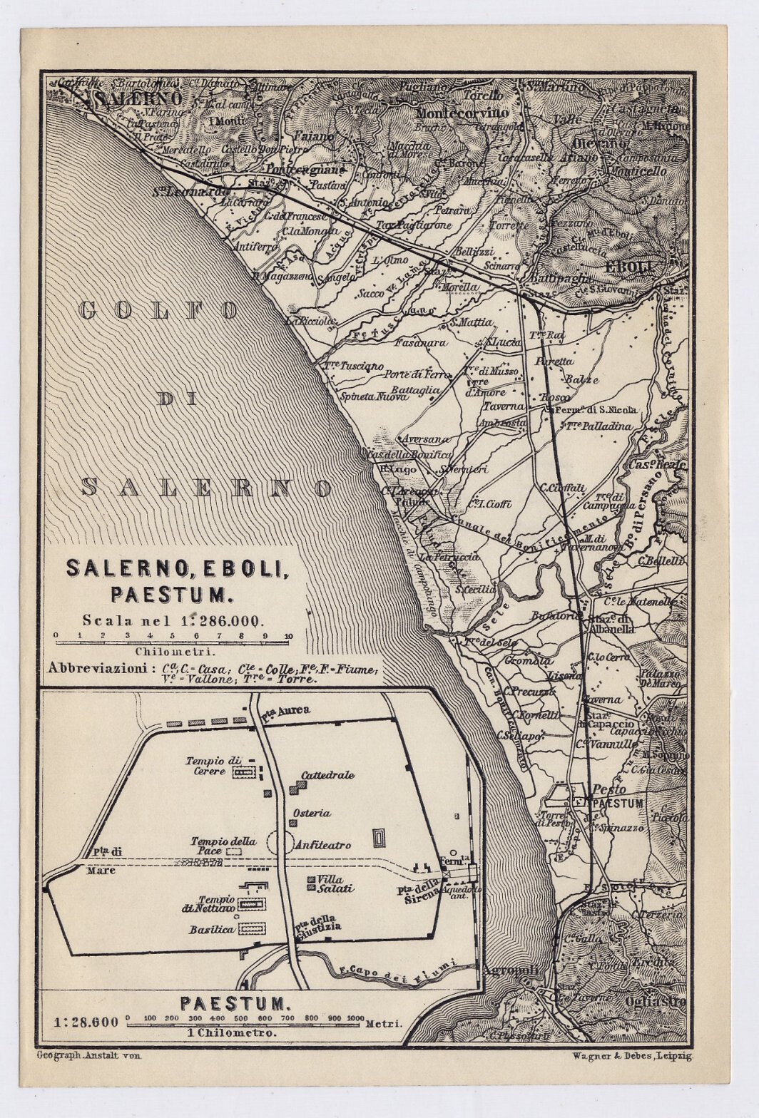 1900 ANTIQUE MAP OF VICINITY OF SALERNO EBOLI PAESTUM / CAMPANIA / ITALY