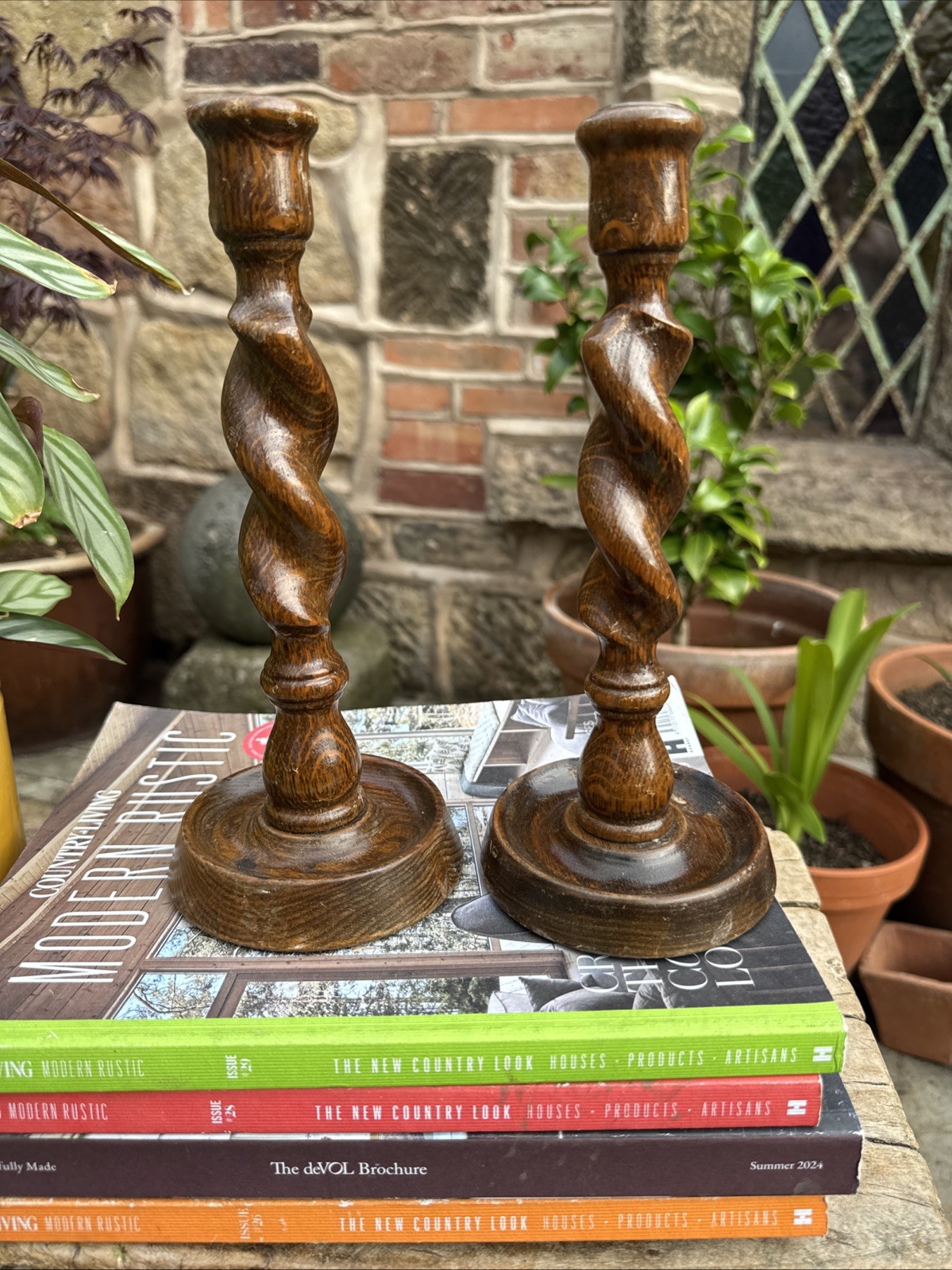 Vintage Wood Candlesticks Barley Twist Spiral Cancel Holders SEE DESCRIPTION