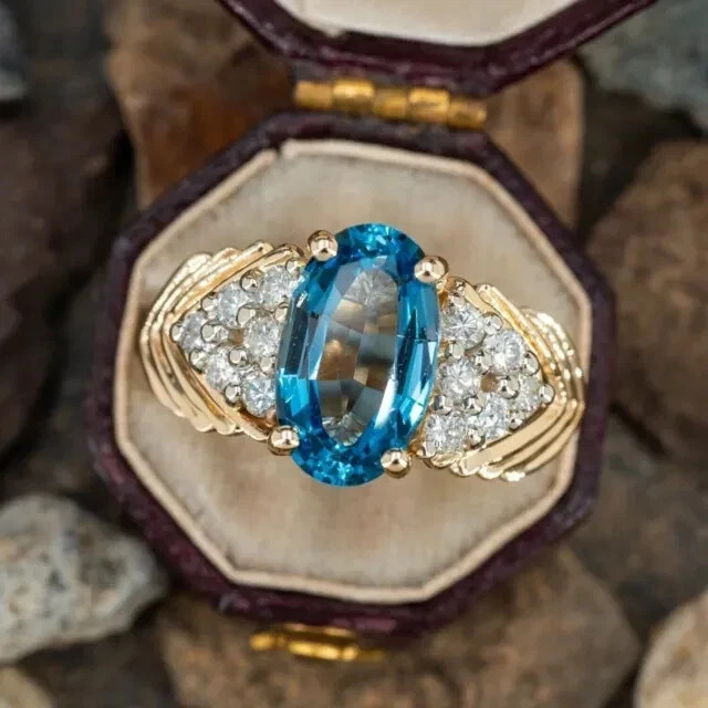 2Ct Oval Lab Created Blue Diamond Band Wedding Ring 14k Yellow Gold Plated