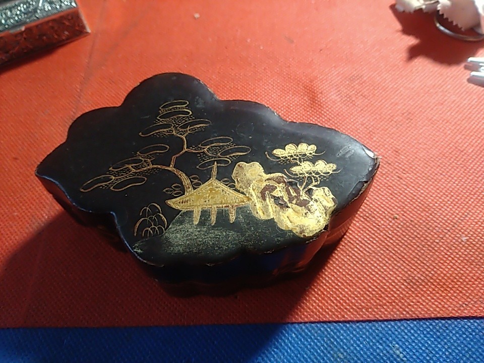 Antique Japanese Hand Painted Papier Mache Black Lacquer Box