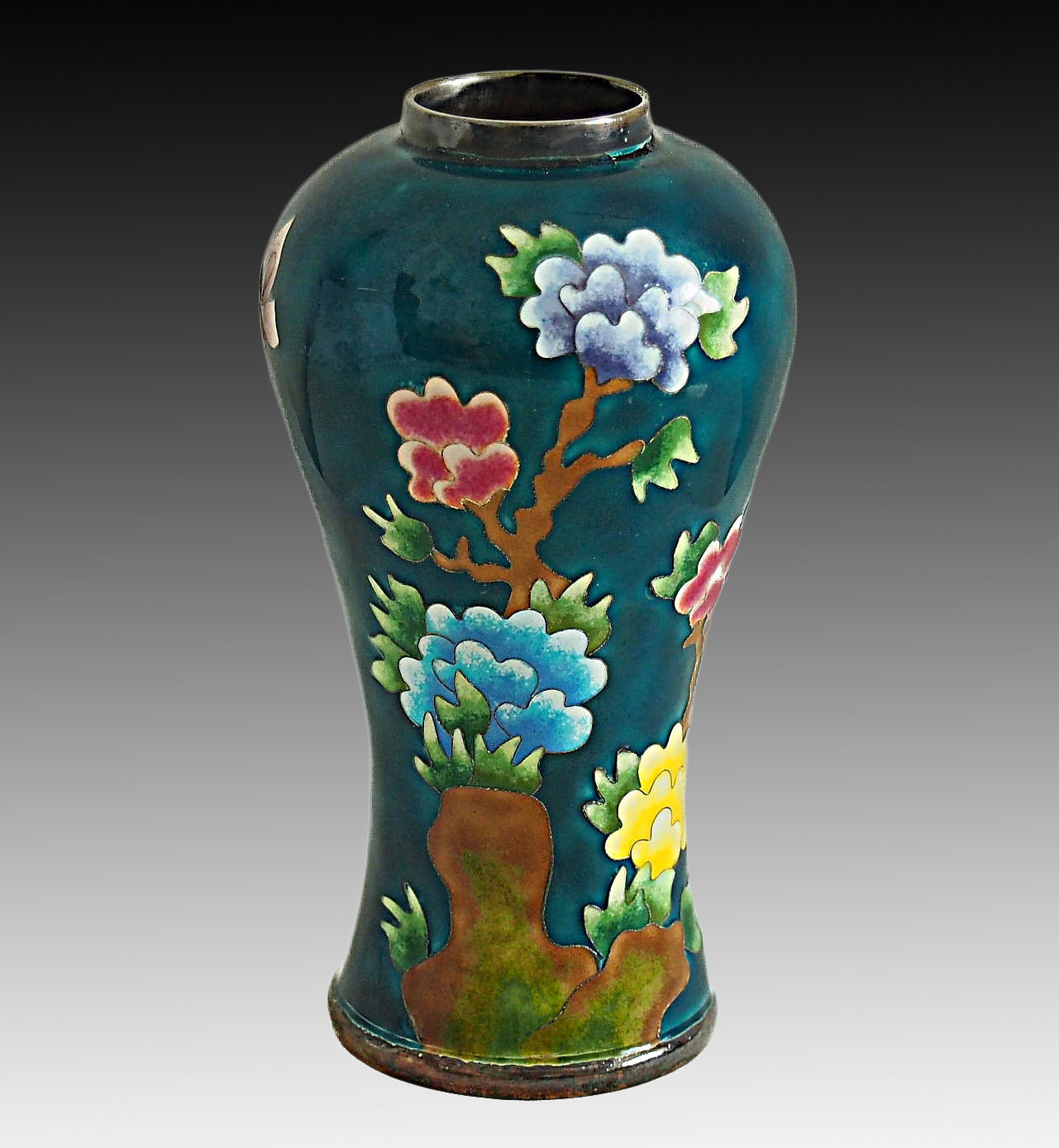 KOREAN 99% Pure Silver Cloisonne Enamel Flowers Butterfly Vase