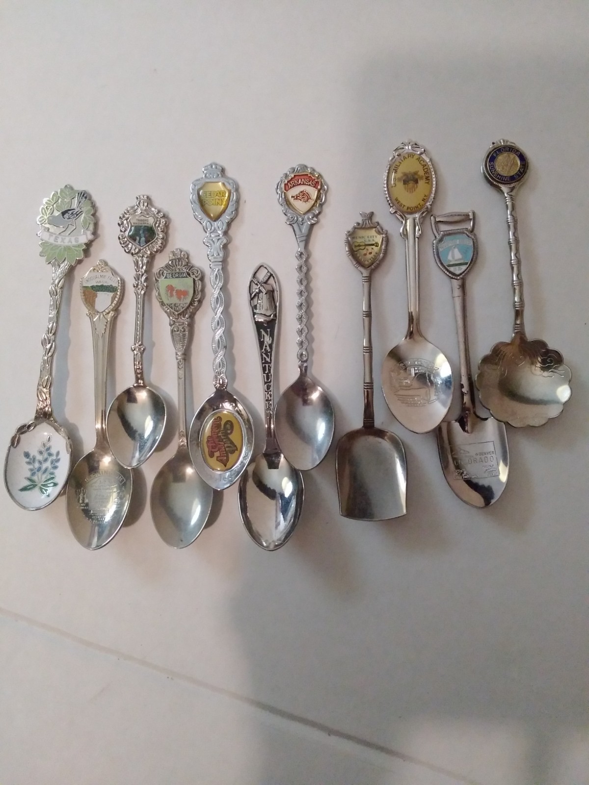 Lot Of 11 Souvenir Spoons TX ARK GA Cedar Point FL WA NY Nashville
