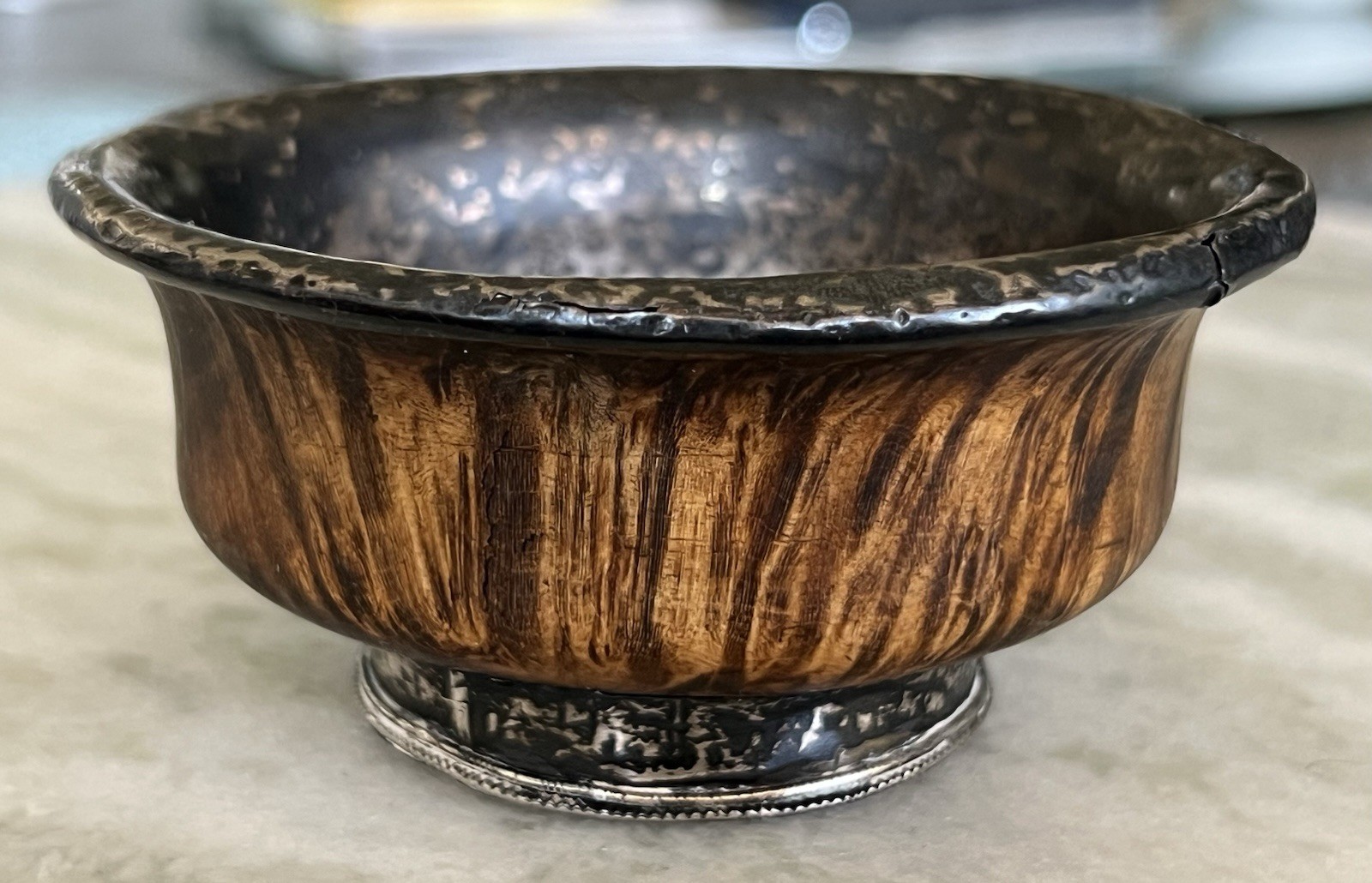 Tibetan Tea Bowl Antique Himalayan Wood And Silver – 3-1/2 By 1-3/4” Inches