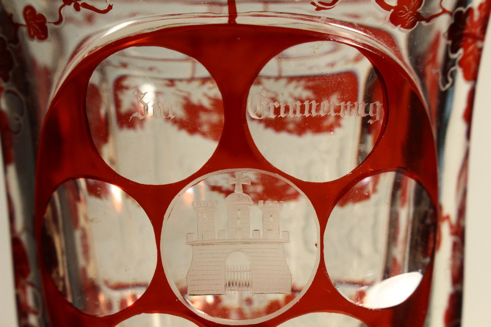 = Dated 1854 Bohemian Ruby Red Cut to Clear Crystal Glass Chalice Goblet w Views