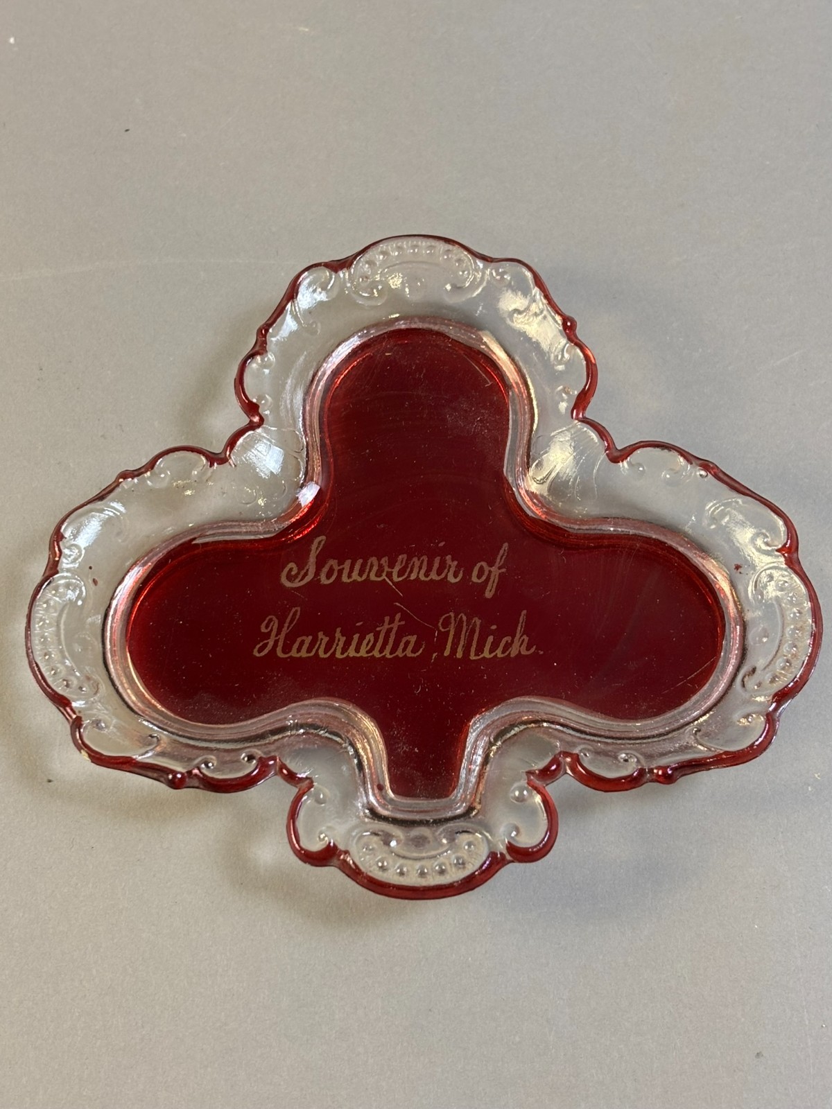 #313 Antique HARRIETTA Michigan Ruby Red Flash Souvenir Glass CANDY DISH