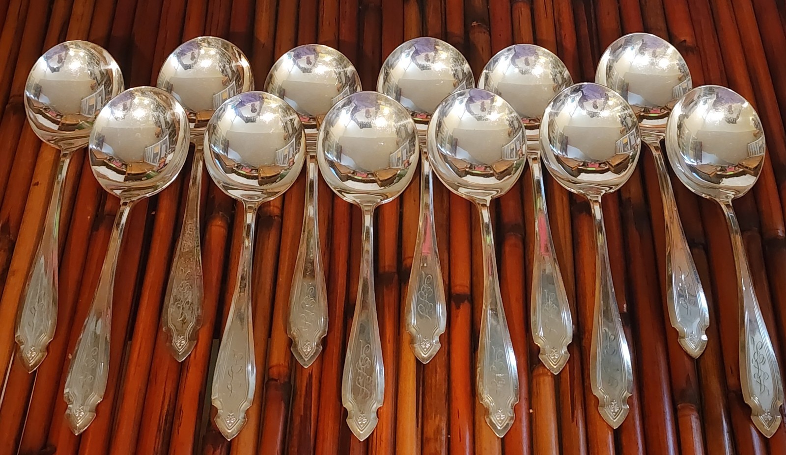 12 Heirloom Plate Cardinal Silverplate Round Bowl Soup Gumbo Spoons MONOGRAM