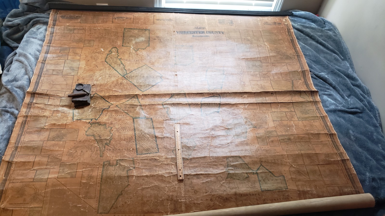 1857 MASSIVE SCROLL Map Of Worcester Massachusetts ALMOST 6FT