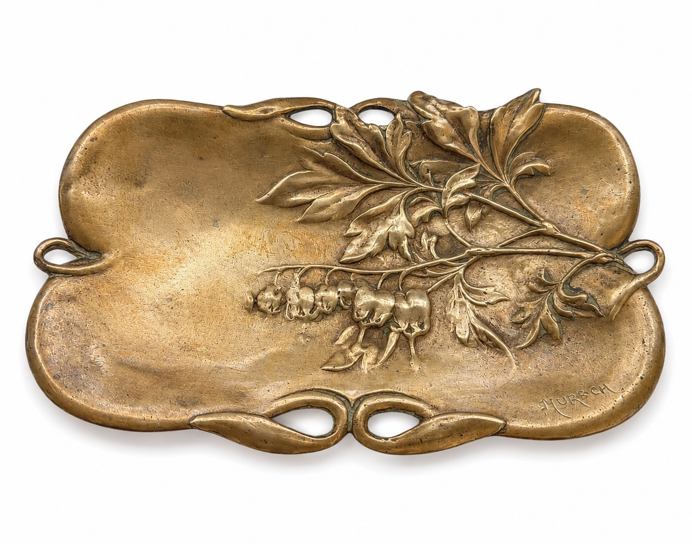 Signed E MURSCH Art Nouveau Bronze Vide Poche Tray Bleeding Hearts Flower 1900