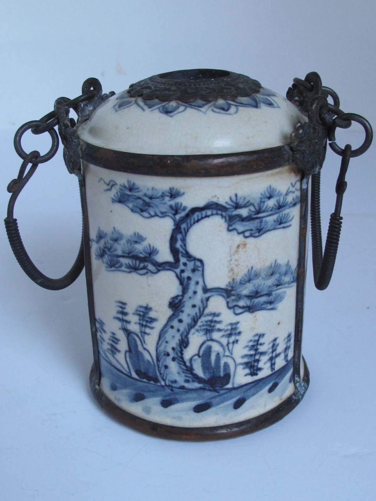Antique 19th c. Chinese Porcelain Blue Decorated / Brass Bands Pipe Jar