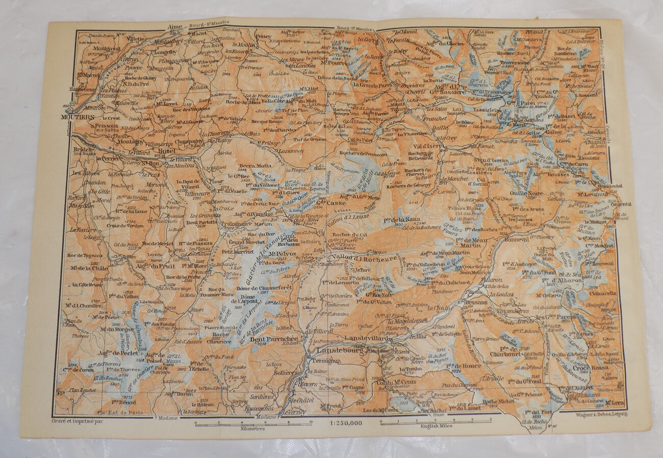 c1905 France Area Map///FRENCH ALPS WITH MANY GLACIERS in AUVERGNE Rhone Alpes R