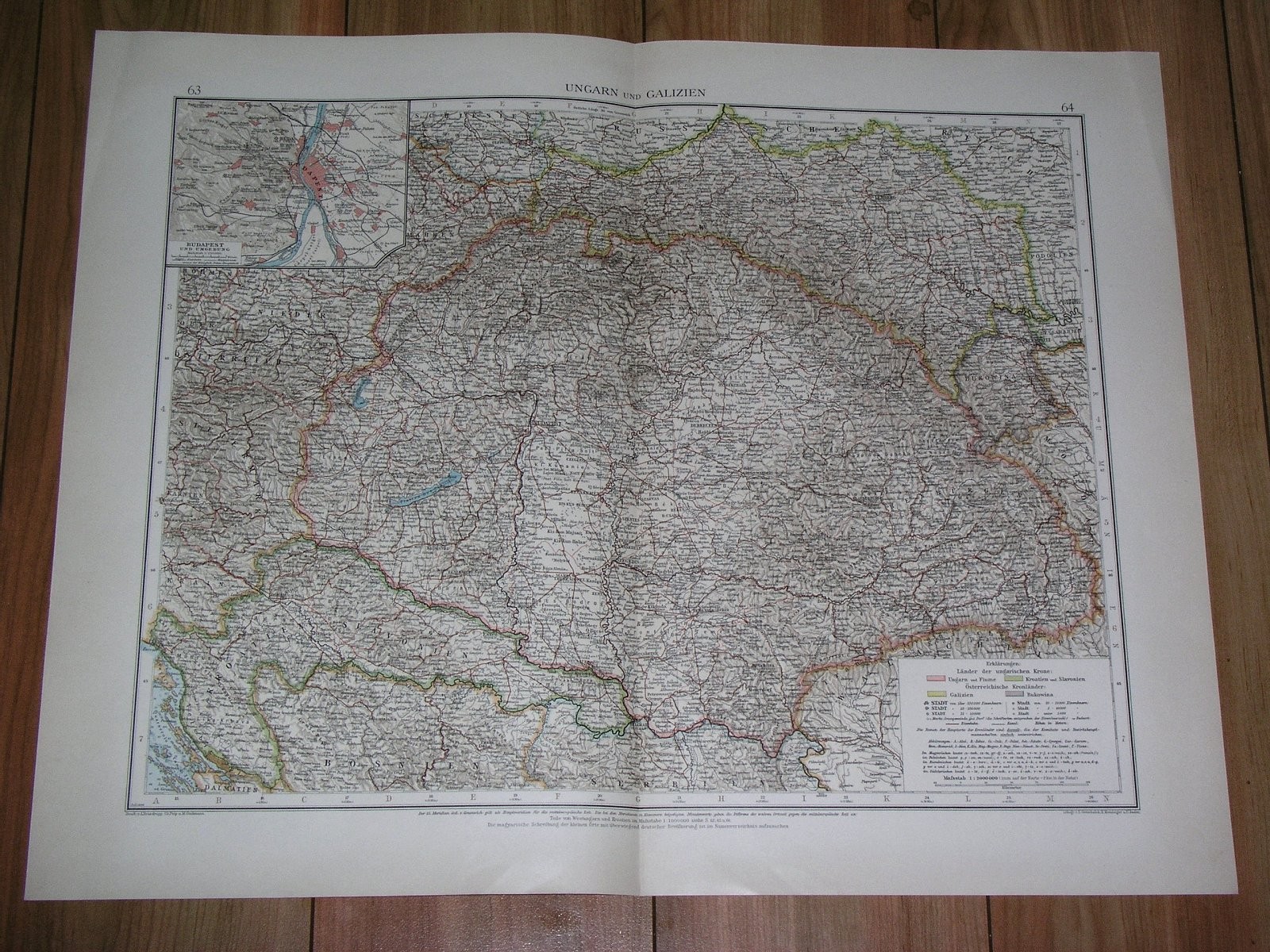 1899 ANTIQUE MAP OF HUNGARY BUDAPEST TRANSYLVANIA ROMANIA GALICIA POLAND UKRAINE