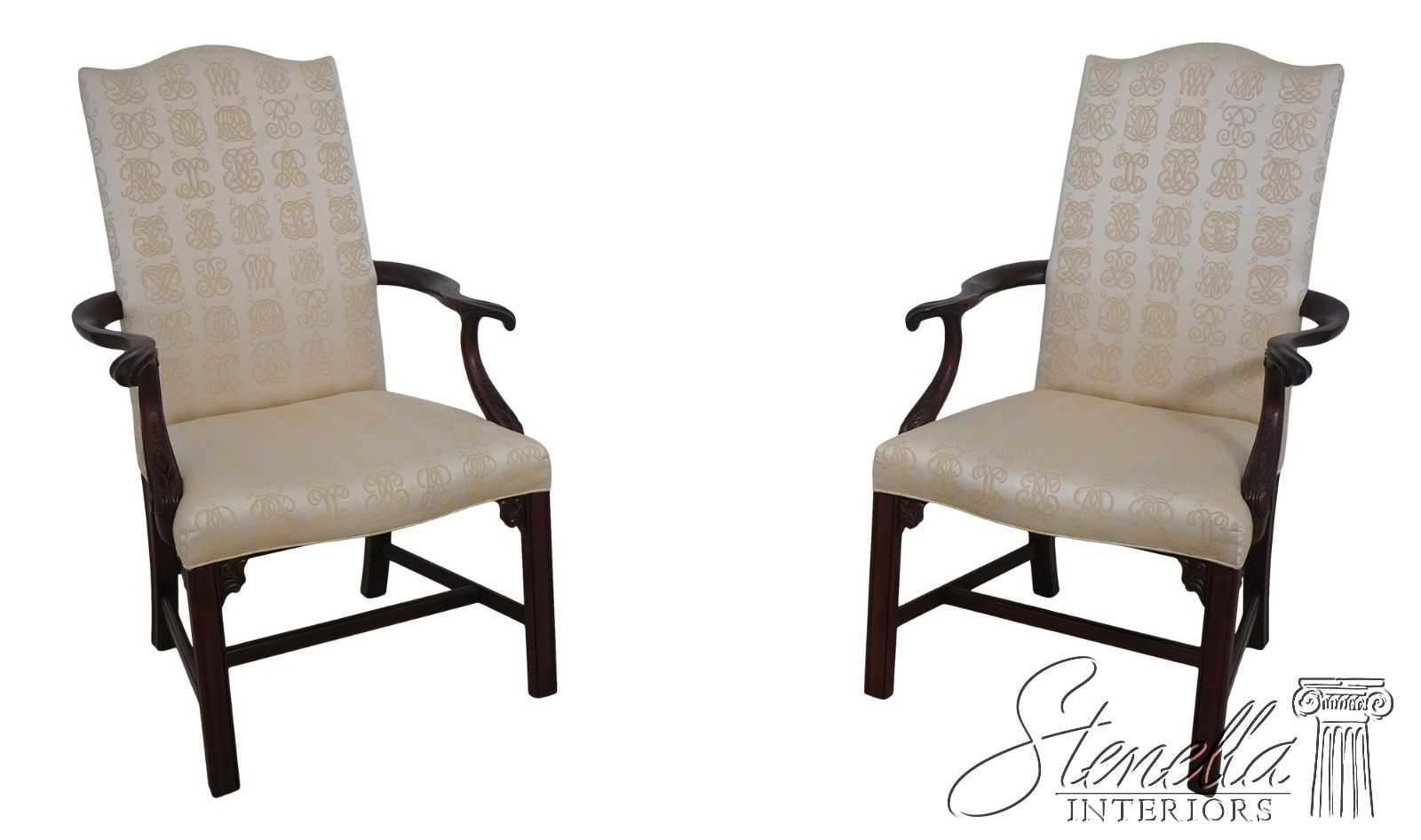 70995: Pair of HENKEL HARRIS Mahogany Upholstered High Back Host Armchairs