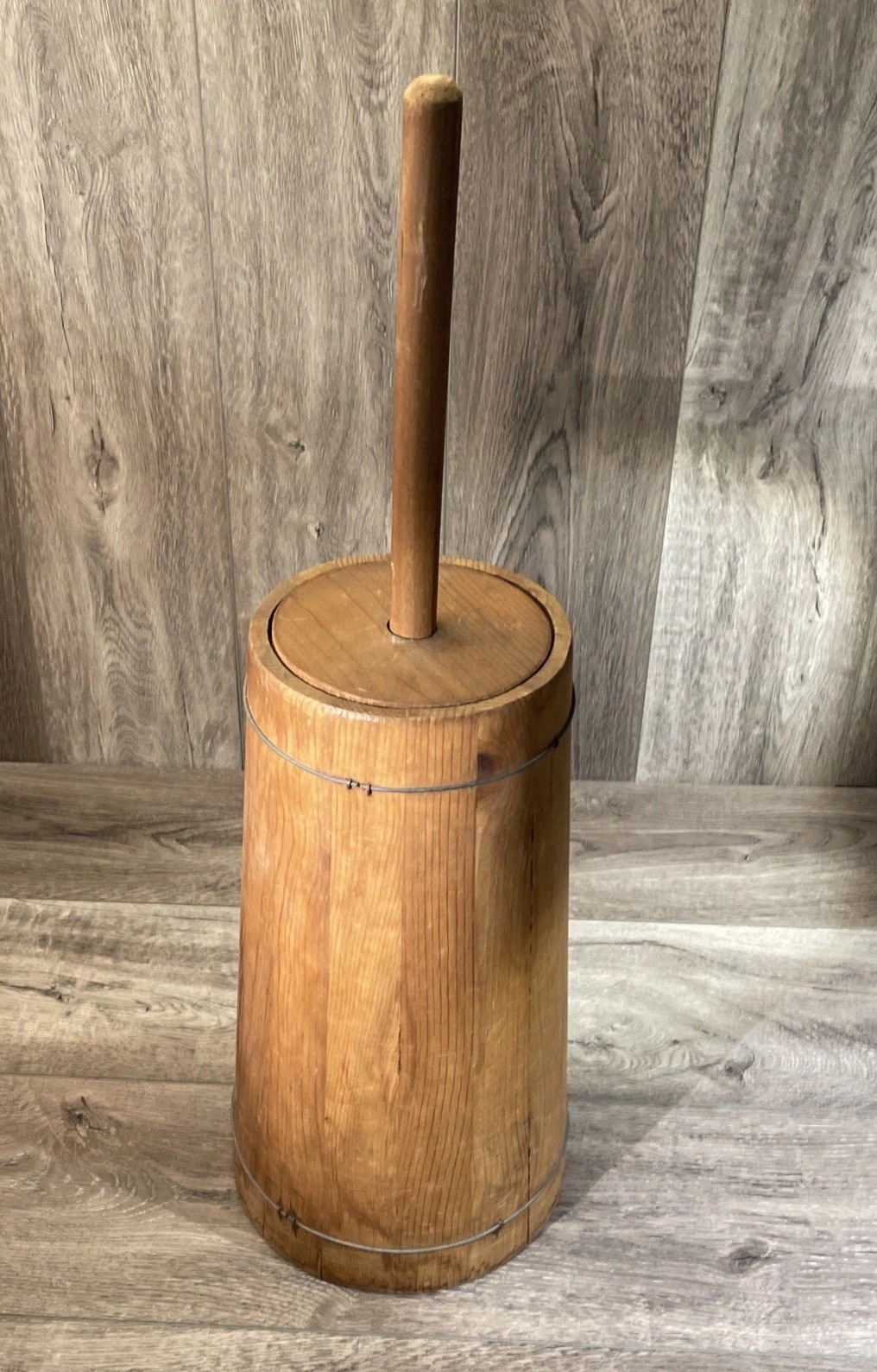 Antique Primitive Wooden Stave Butter Churn with Lid & Dasher Plunger 27”