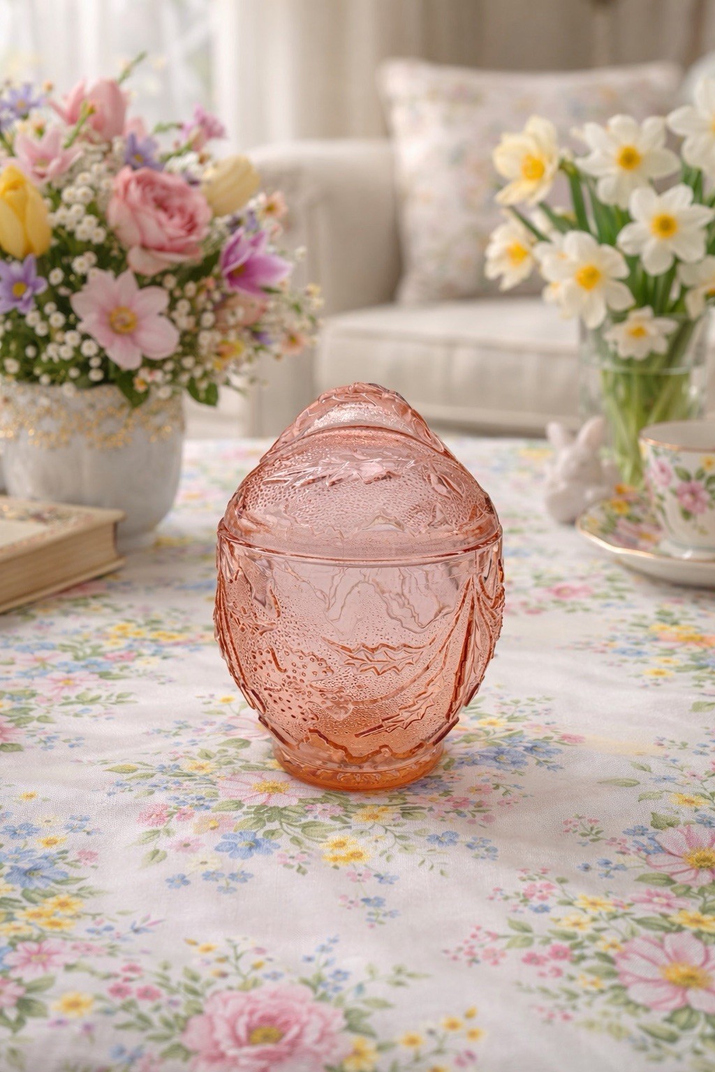 Pink Depression Glass Candy Trinket Jar Stylized As Jeannette Design Floral Leaf