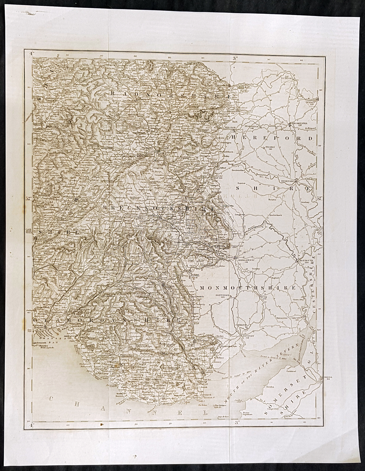 1850 Large Folding Antique Map of Glamorgonshire, Brecknockshire, Radnorshire
