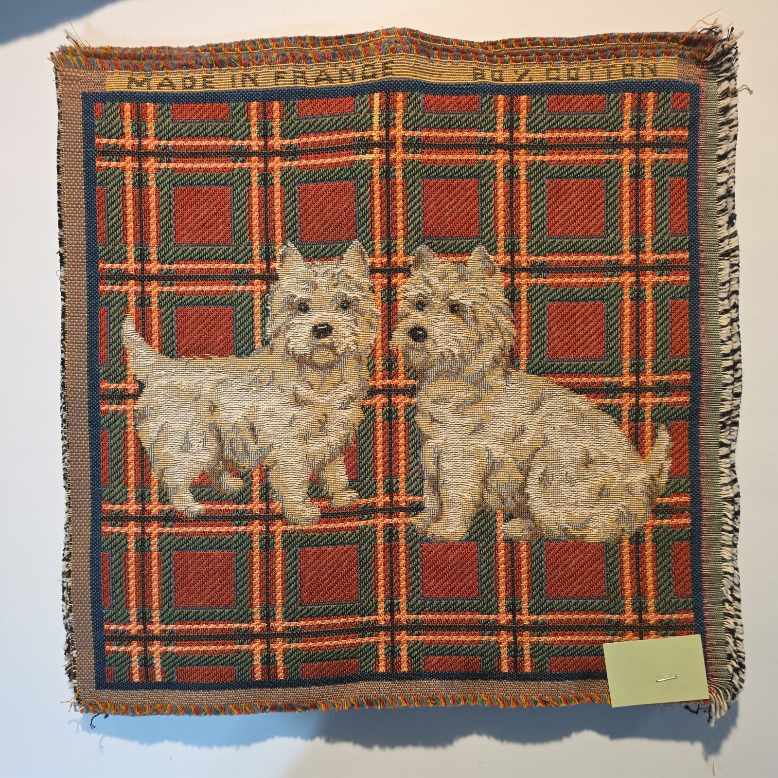 14×14 Handmade Vintage West Highland Terriers on Plaid Tapestry 1990s French