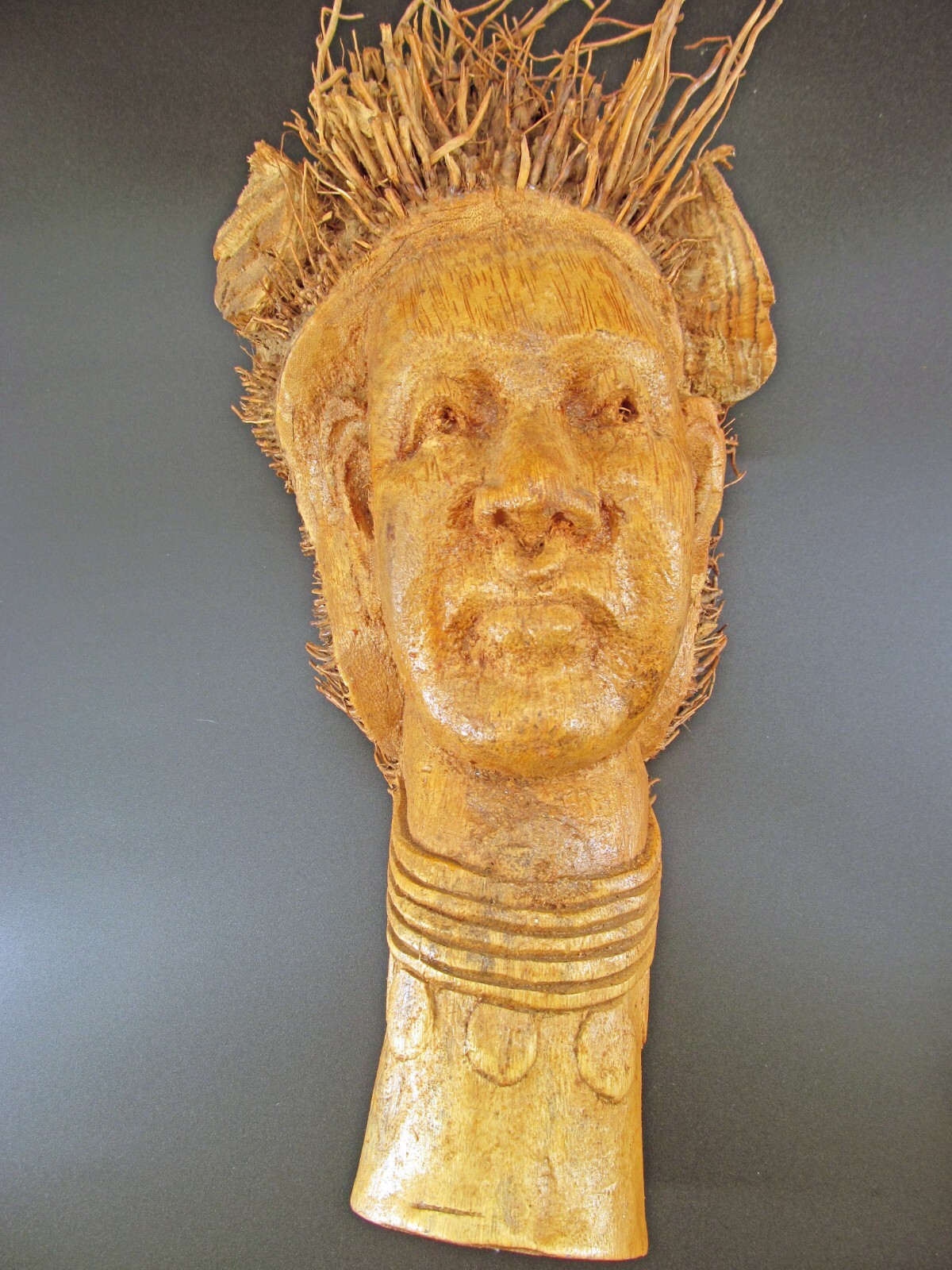EHI CHARITY: HAND CARVED BAMBOO ROOT SCULPTURE MAN’S FACE NOSE RING & NECKLACE